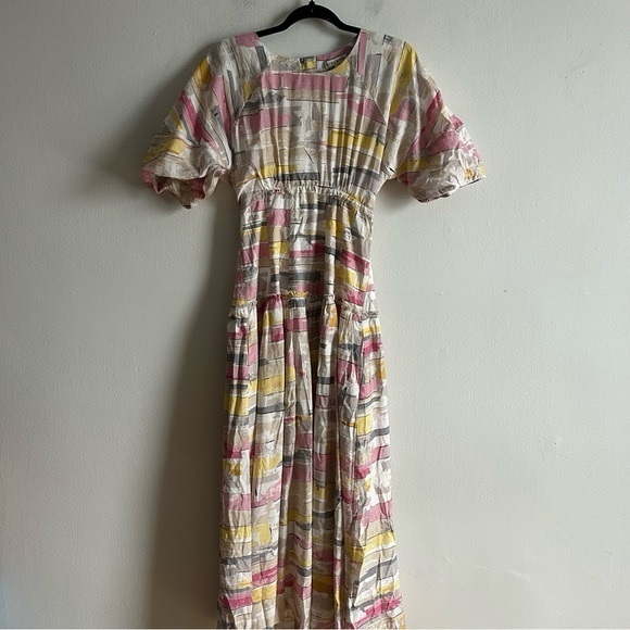 Moon River Sz M Colorful Pastel Puff Sleeves Poplin Open Back Maxi Dress - Picture 3 of 10